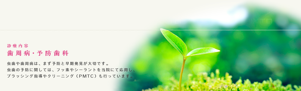 診療内容
歯周病・予防歯科 虫歯や歯周病は、まず予防と早期発見が大切です。
虫歯の予防に関しては、フッ素やシーラントを当院にて応用し、
ブラッシング指導やクリーニング（PMTC）も行っています。